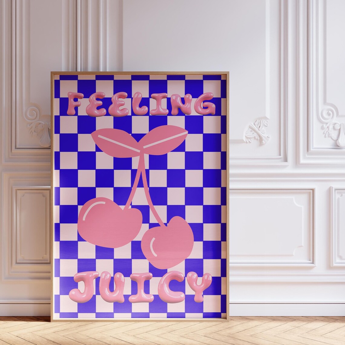 Feeling Juicy Cherry Bubble Letters Blue Checkerboard Retro Poster