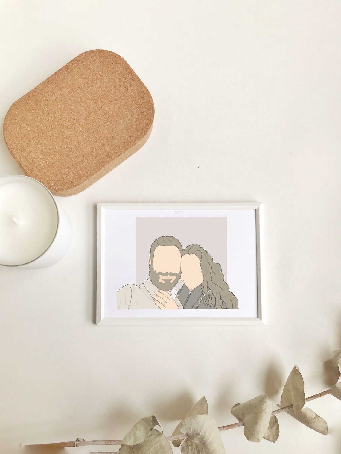Faceless Couple Embrace Soft Beige Tones Custom Illustration Poster