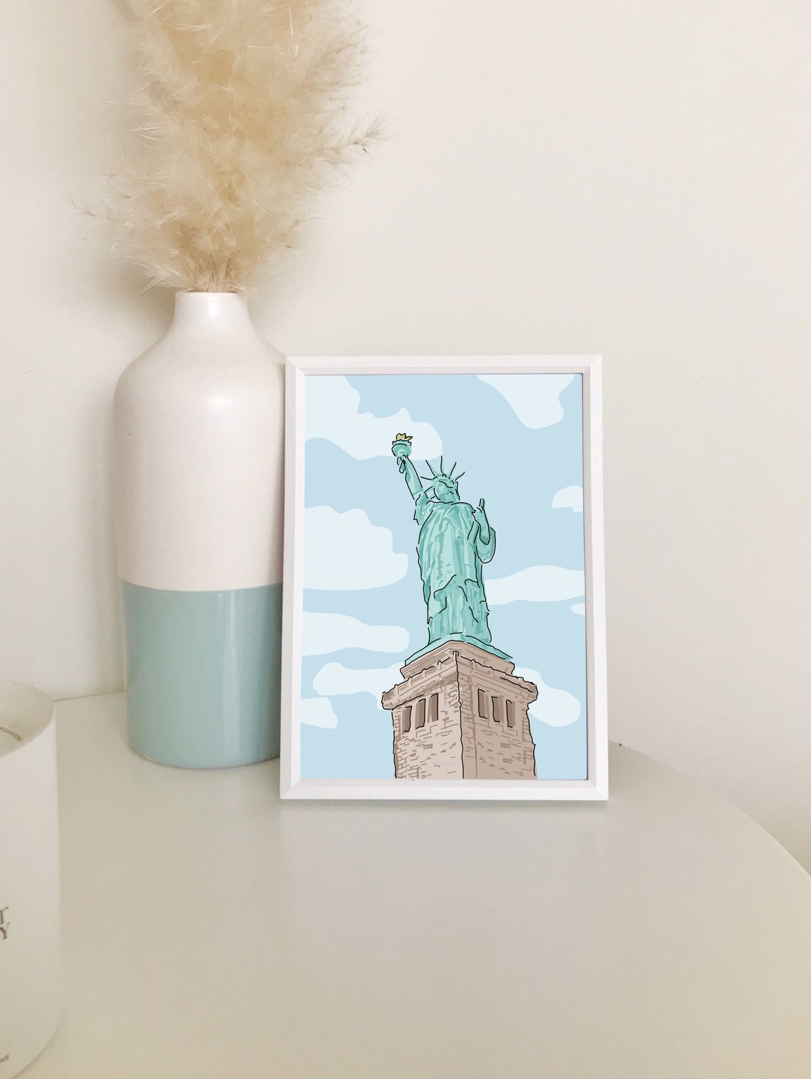 Statue of Liberty Pastel Illustration With Blue Sky Clouds Wall Art