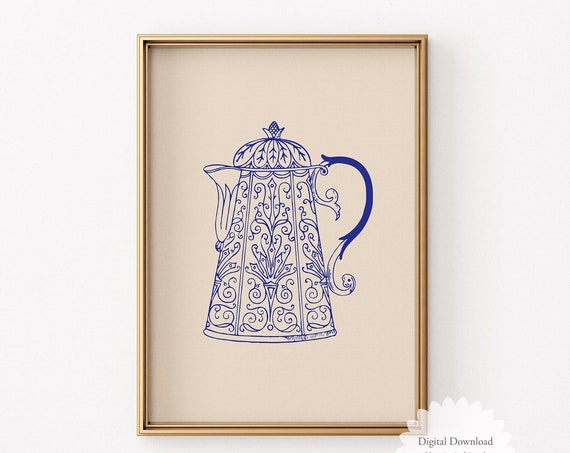 Kitchen Wall Art Vintage Teapot Illustration Blue Minimalist Kitchen Decor