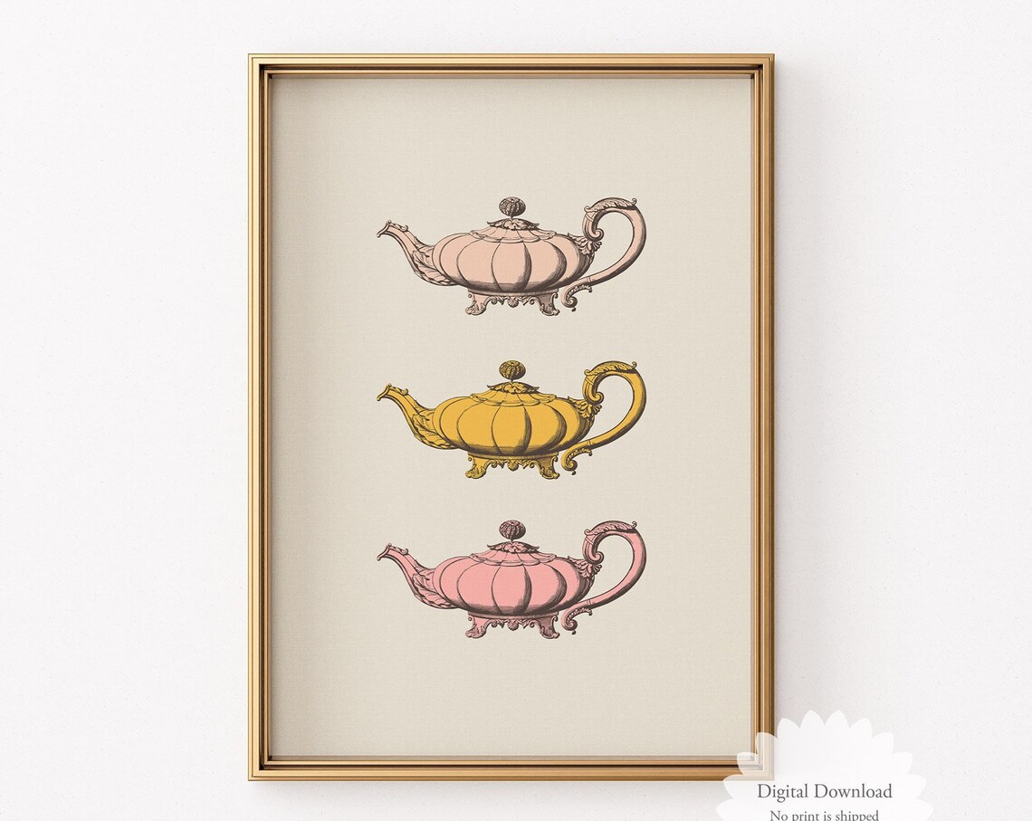 Pastel Pink Teapot Trio Vintage Engraving Minimalist Kitchen Print