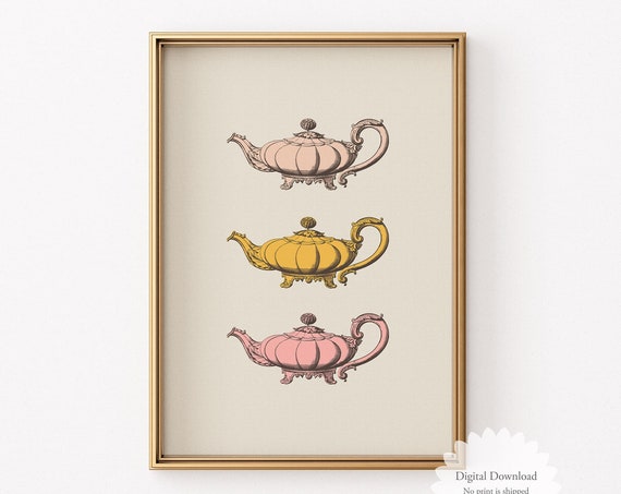 Vintage Teapots Illustration Pastel Pink Kitchen Decor Minimalist Wall Art Art