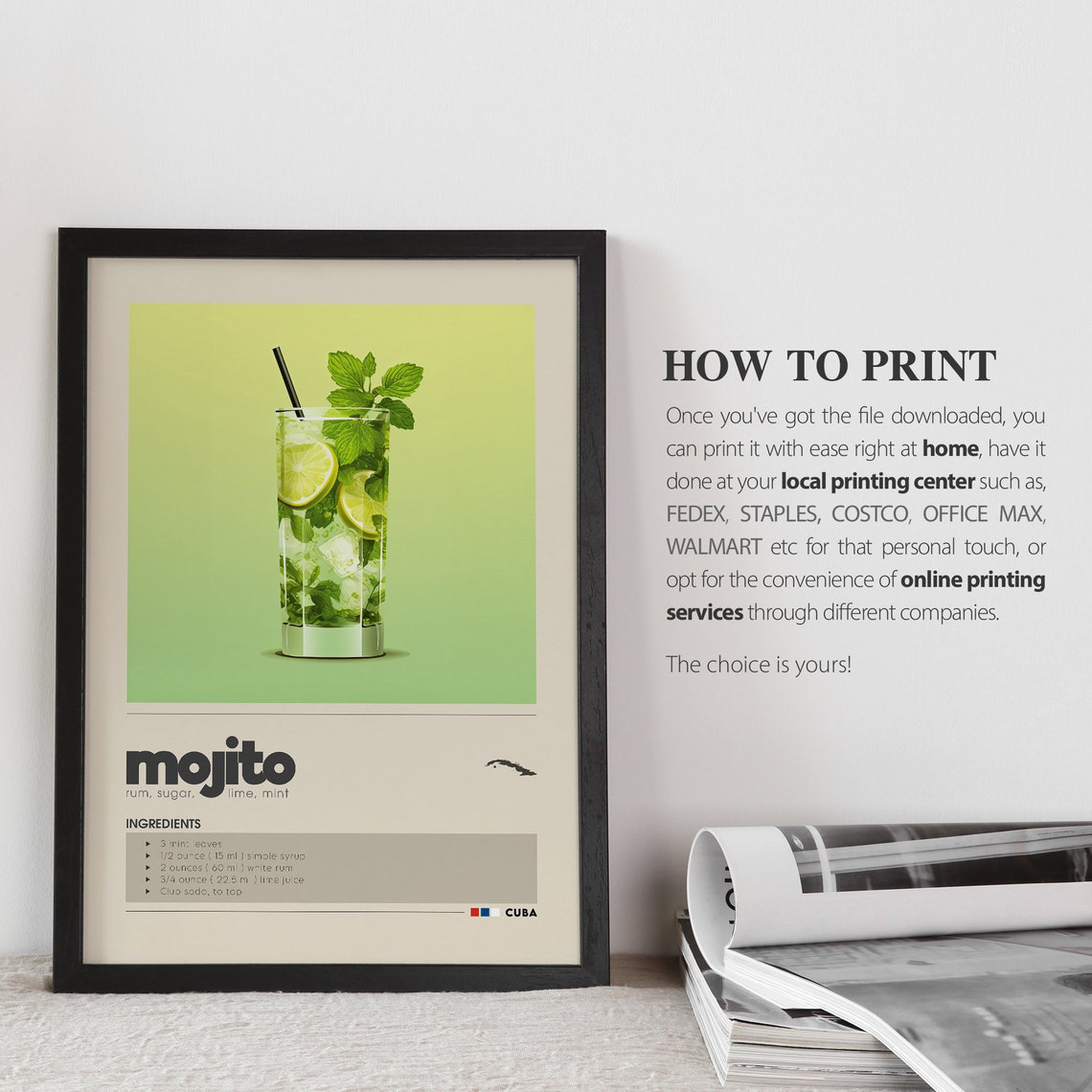 Mojito Cuban Rum Mint Lime Cocktail Recipe Vintage Bar Poster - Image 3