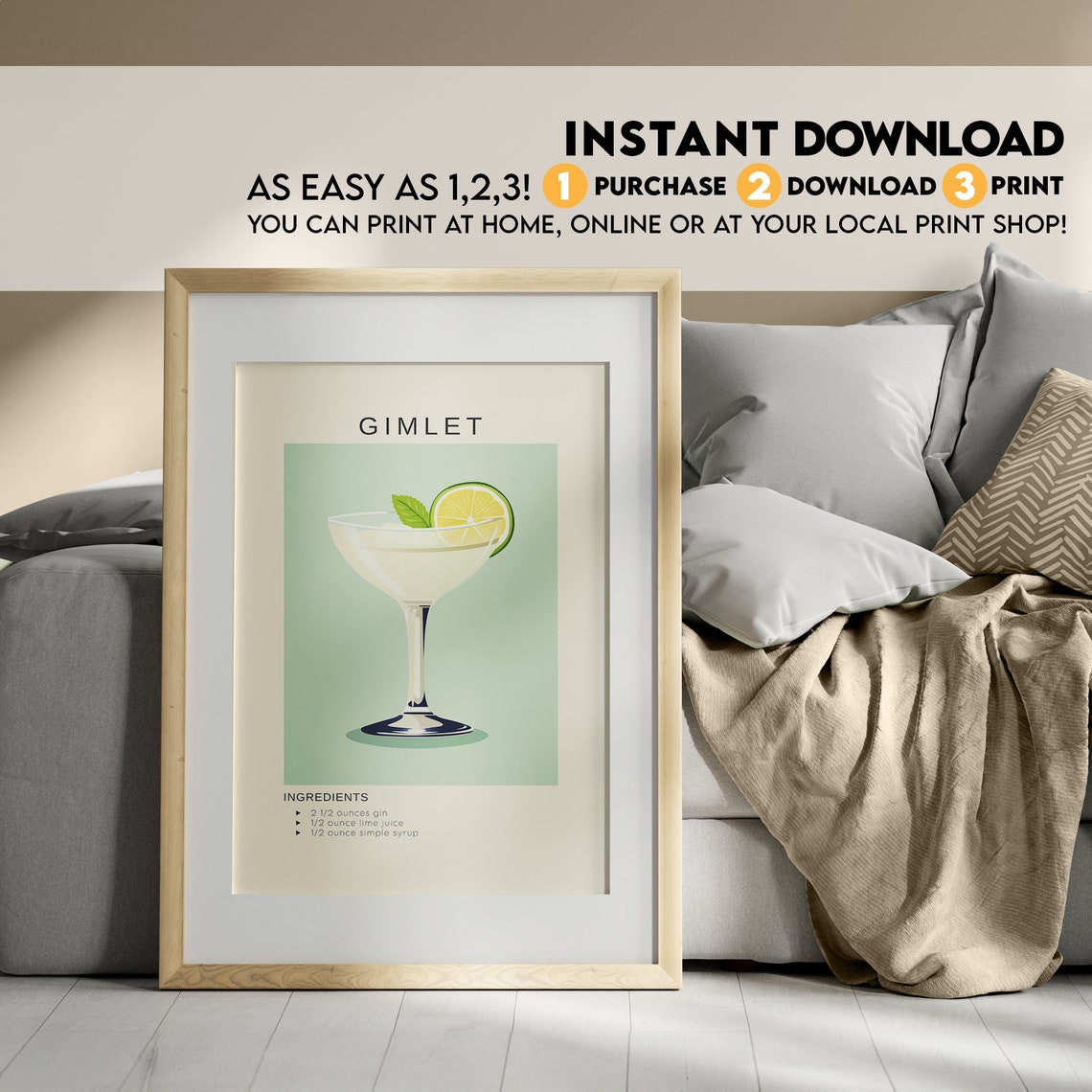 Gimlet Gin Lime Cocktail Recipe Minimalist Coupe Glass Poster - Image 3
