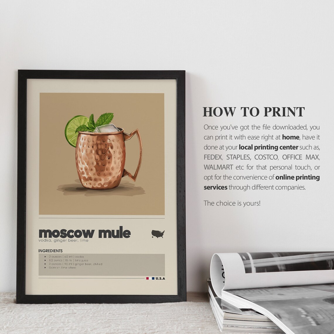 Moscow Mule Cocktail Print, Minimalist Bar Cart Decor - Image 3
