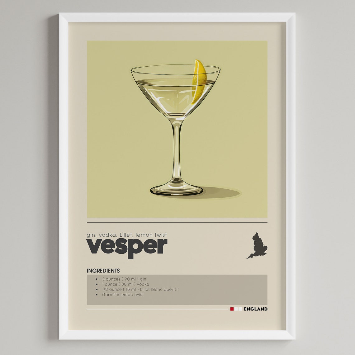 Vesper Martini Cocktail Recipe Minimalist Bar Cart Decor Poster
