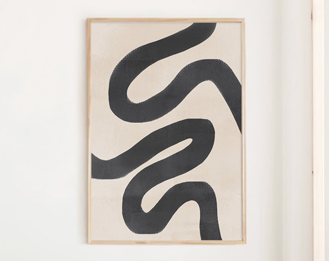 Black Beige Swirl Abstract Art Print, Tropical Style
