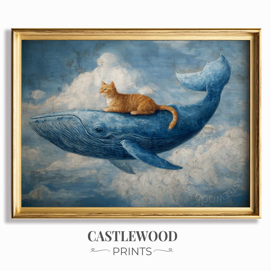 Orange Cat Riding A Blue Whale Through Clouds Surreal Fantasy Poster