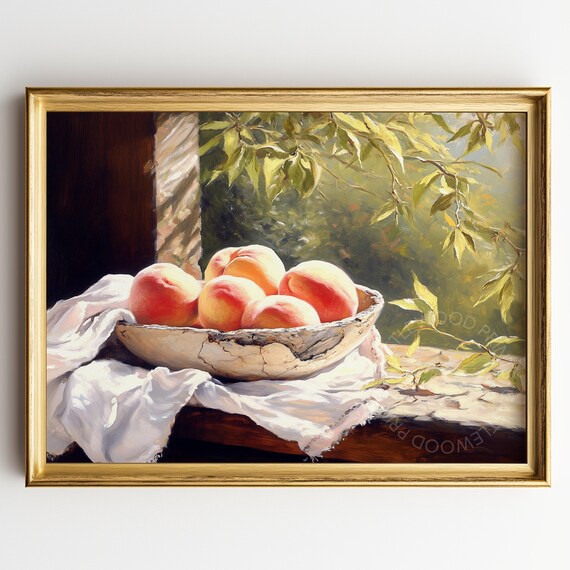 Sunlit Ripe Peaches in a Rustic Ceramic Bowl Still Life Poster