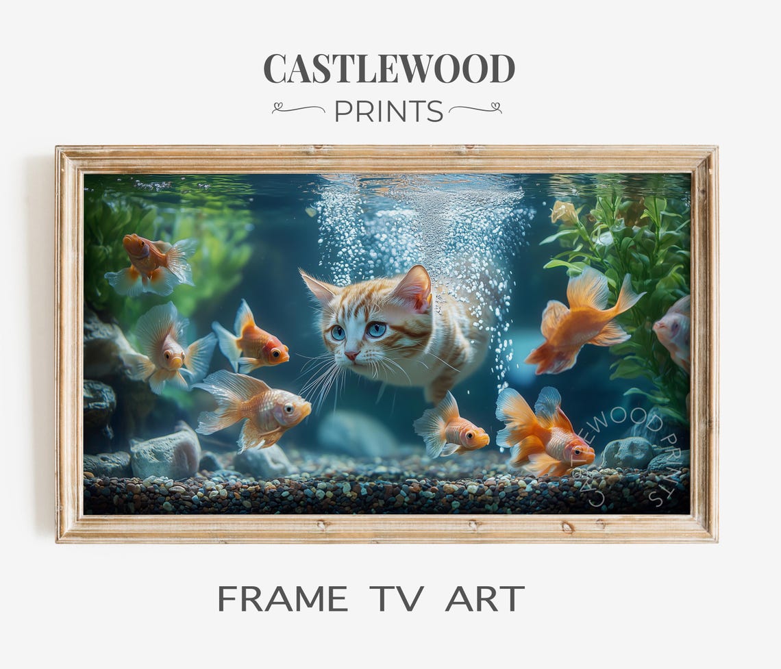 Cute Kitten Swimming With Goldfish Underwater Frame TV Wall Art
