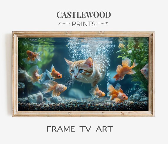Cute Kitten Swimming With Goldfish Underwater Frame TV Wall Art