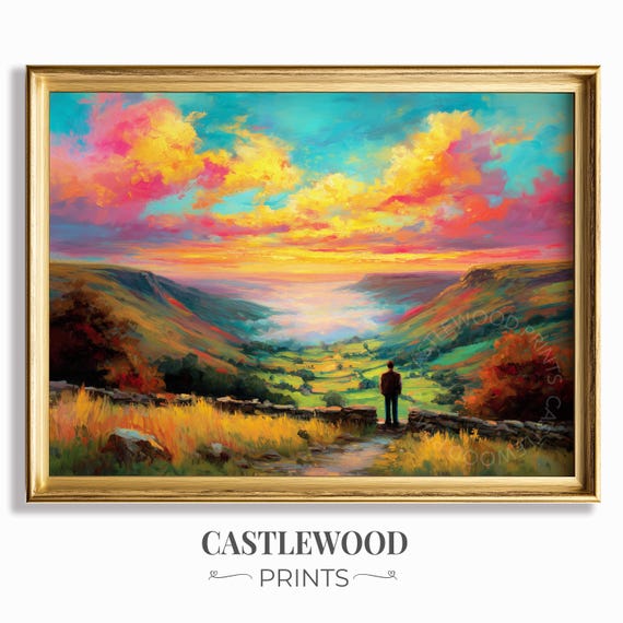 Surreal Valley Sunset Art Vibrant Landscape Man In Tranquil Nature Scenery Colorful Sky Wall Decor Painting 835