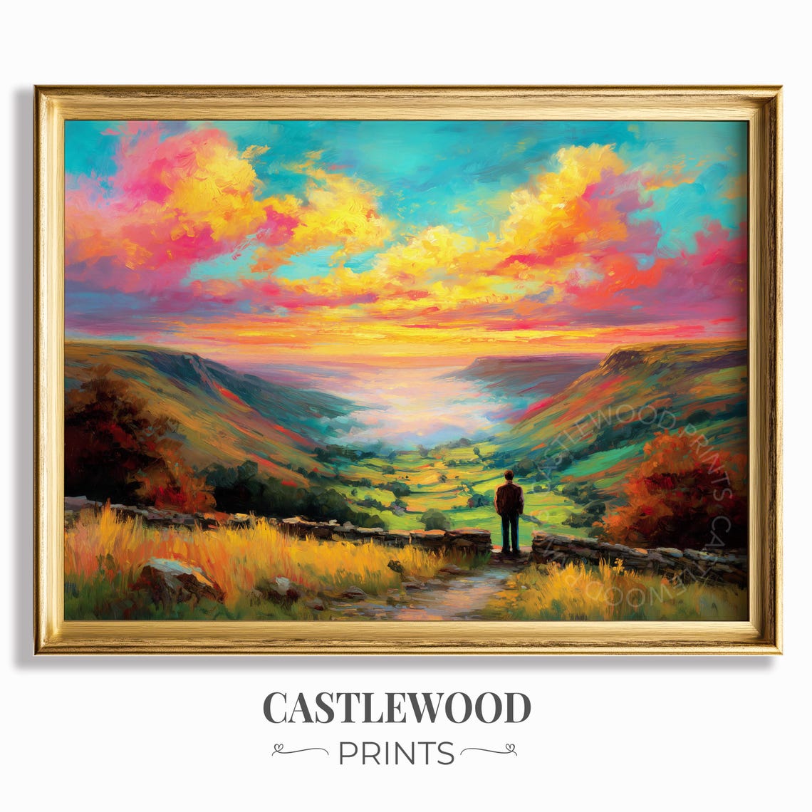 Surreal Valley Sunset Dreamer Landscape Poster Colorful Sky Artwork
