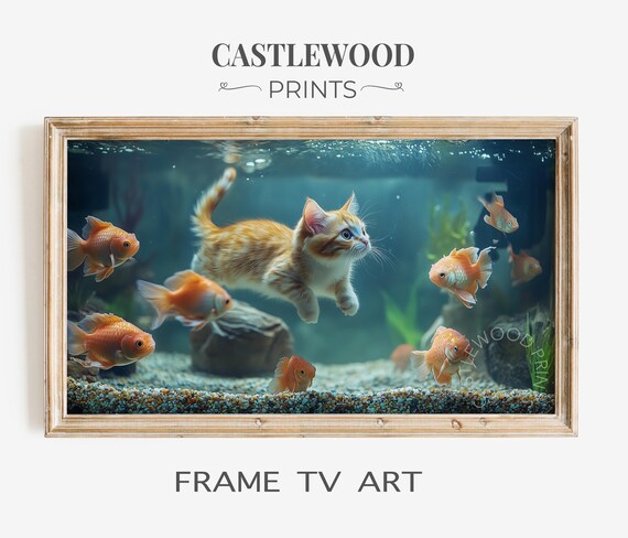 Ginger Cat Swimming Underwater with Goldfish Whimsical Poster