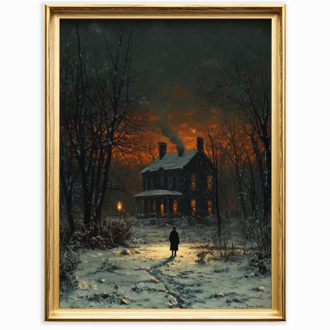 Winter Cottage At Dusk Snowy Night Figure Walking Home Moody Poster