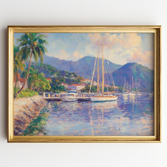 Sailboat And Motorboat At A Pastel Tropical Harbor Art Poster