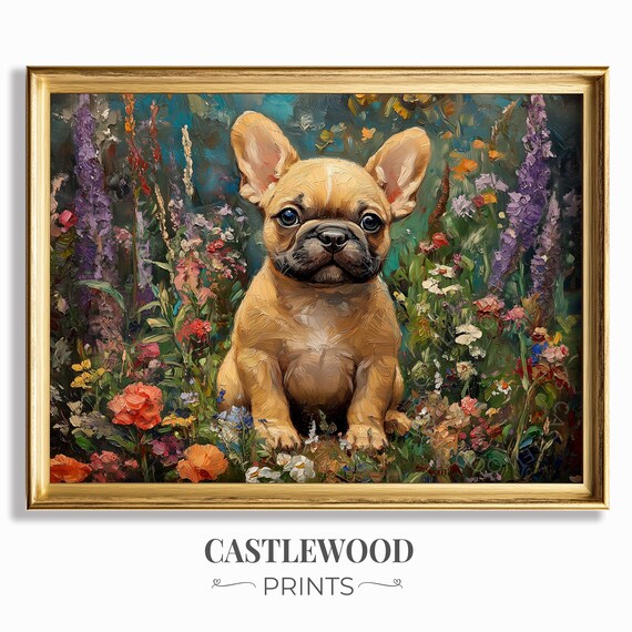 Cute French Bulldog In Flower Field Animal Wall Art Charming Puppy Print Rustic Floral Decor Oil Painting 785