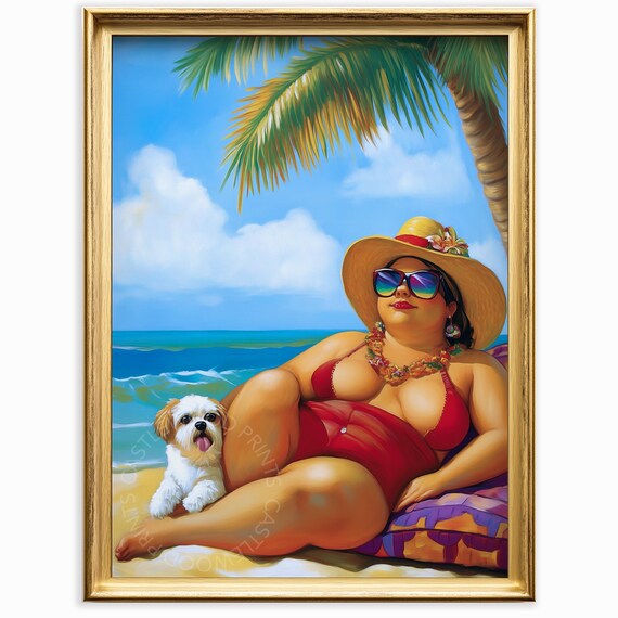 Curvy Woman In Red Swimsuit Relaxing On Tropical Beach Poster