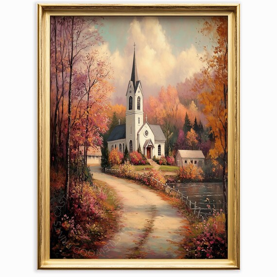 White Country Church on an Autumn Road with Fall Colors Poster