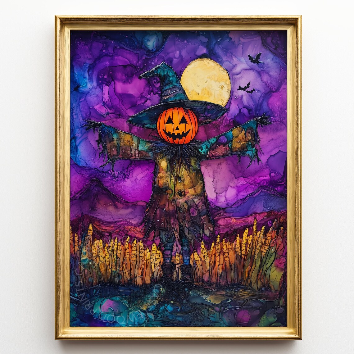 Scarecrow with Pumpkin Head Under Purple Moon Halloween Art Poster
