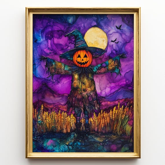 Halloween Scarecrow Art Rustic Alcohol Ink Painting Pumpkin Moonlit Night Spooky Farmhouse Wall Decor Autumn Scene Print 197