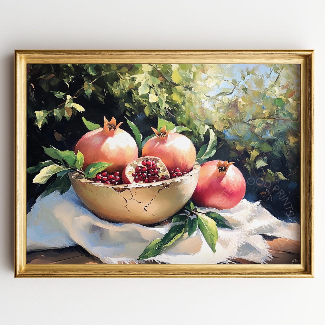Pomegranates in a Cracked Bowl Rich Dramatic Oil Painting Poster
