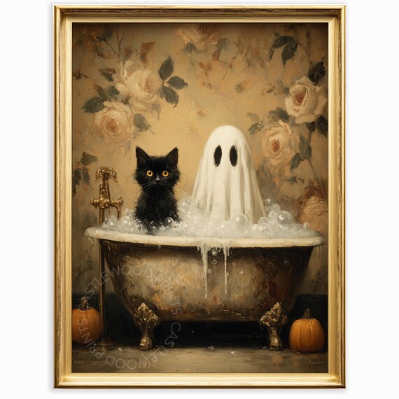 Halloween Cat And In Bathtub Vintage Oil Painting Spooky Cute Art Wall Decor Rustic Autumn Print 851