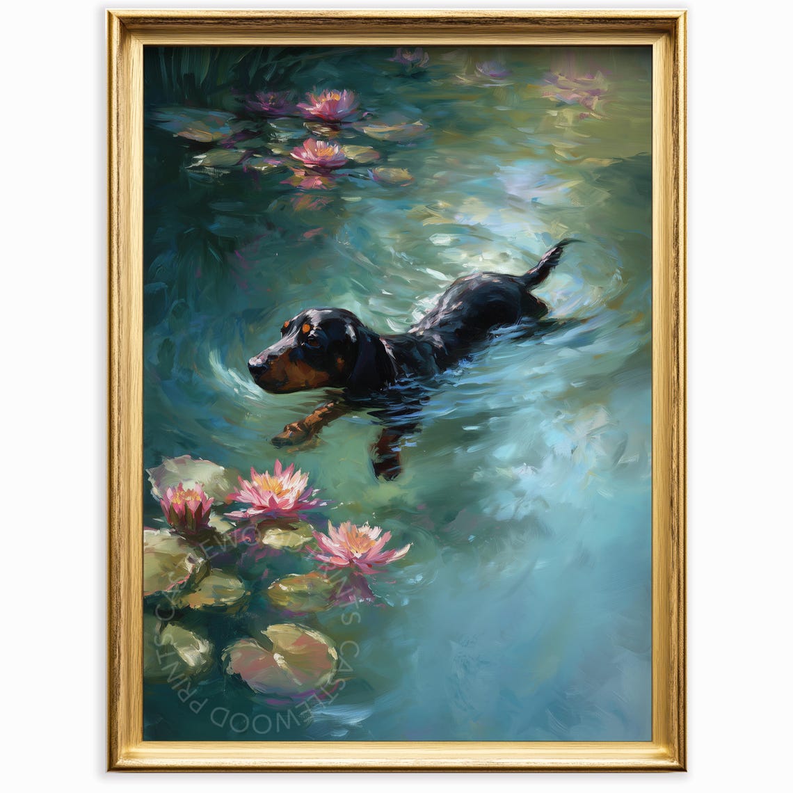 Dachshund Swimming in a Lily Pond Monet Style Dog Painting Poster