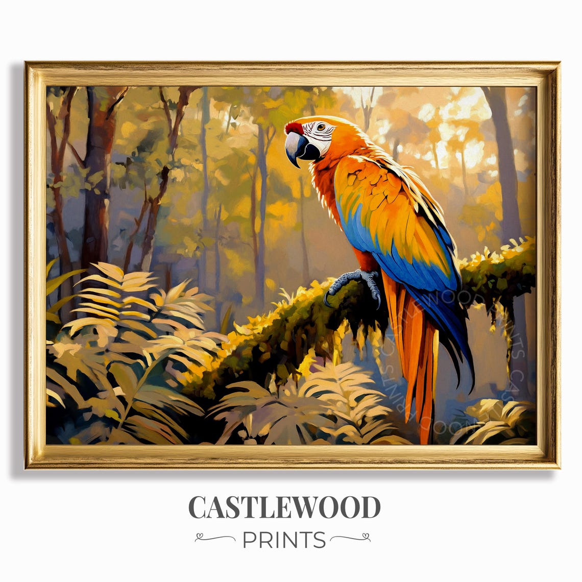 Vibrant Blue-And-Gold Macaw Perched On A Mossy Jungle Branch Poster