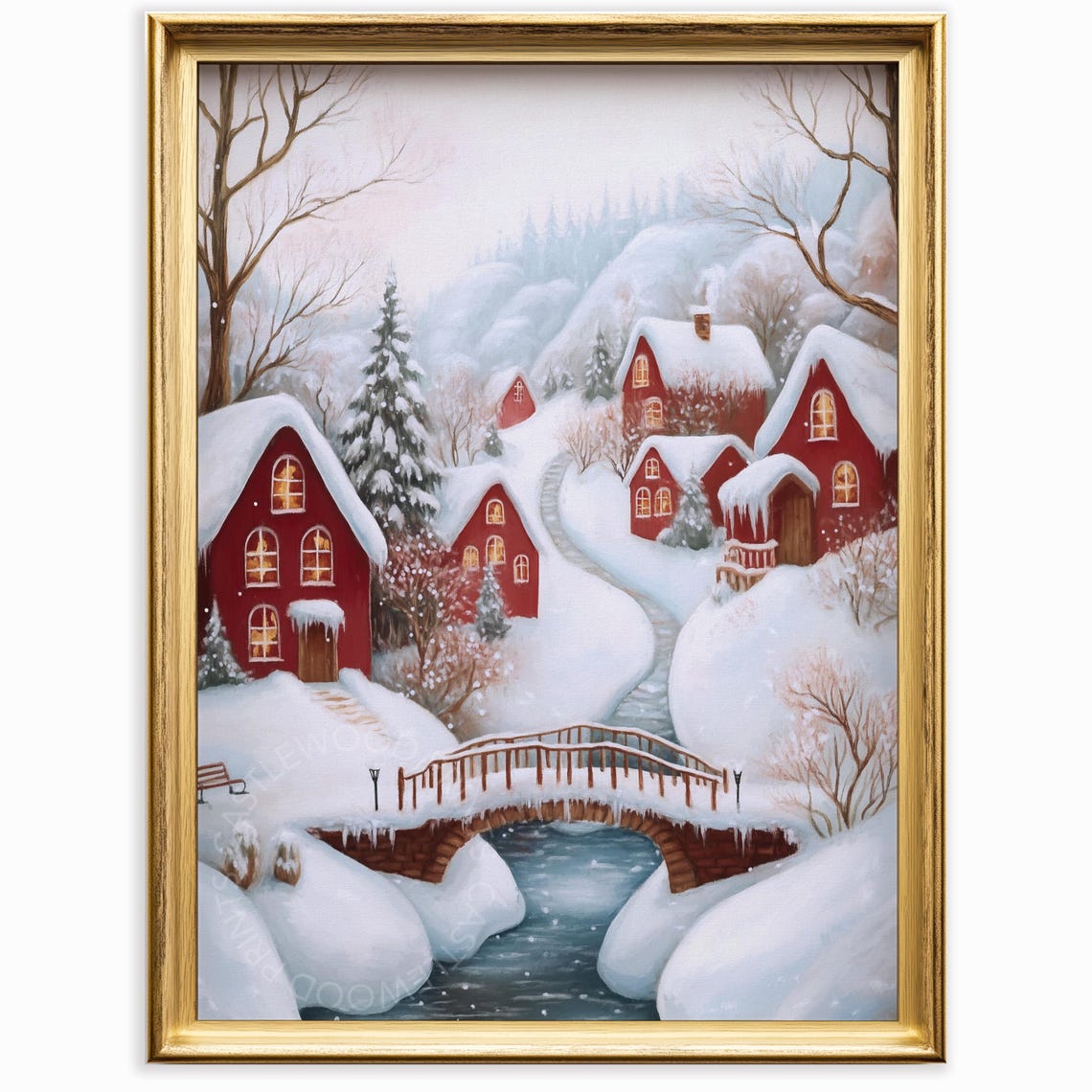 Snowy Winter Village Red Houses Bridge Over Frozen Stream Poster