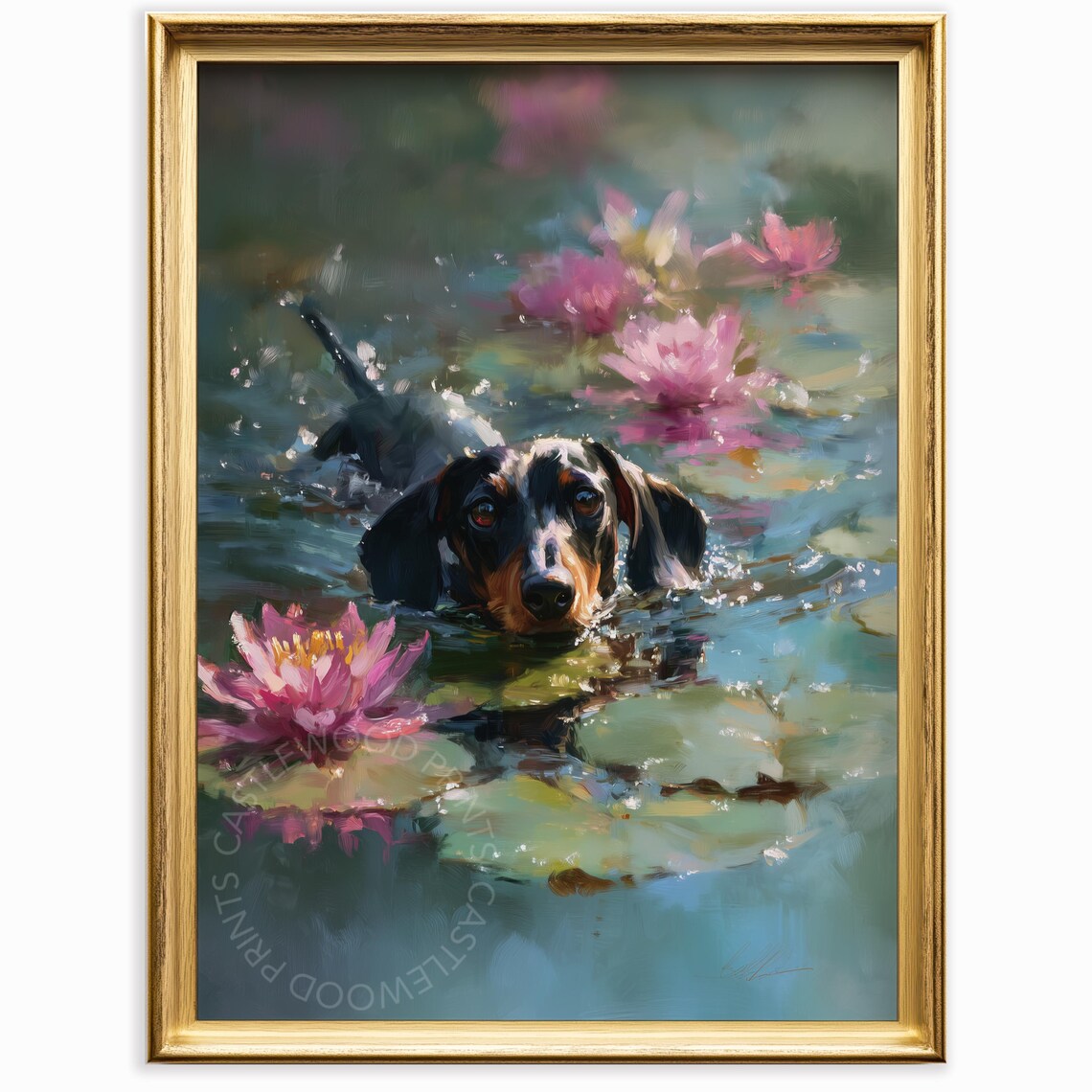 Dachshund Swimming Among Pink Water Lilies Monet Inspired Dog Painting Poster