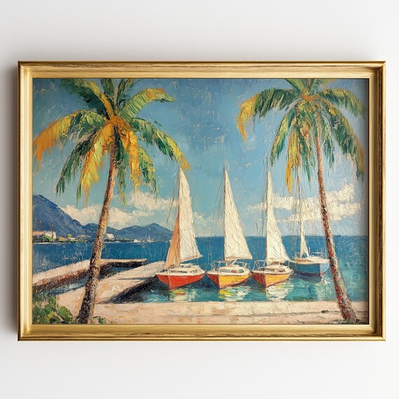 Sailboats At Dock Framed By Two Palm Trees Mountain View Painting Poster