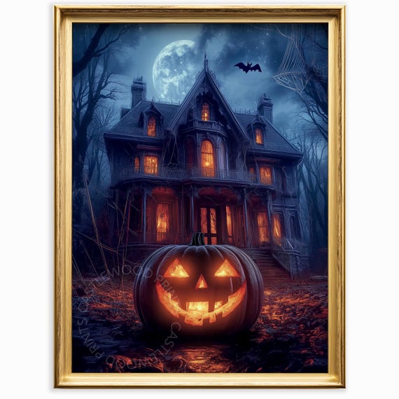 Spooky Halloween Haunted House Vintage Pumpkin And Full Moon Scene Ghostly Night Decor Eerie Art Print 1067