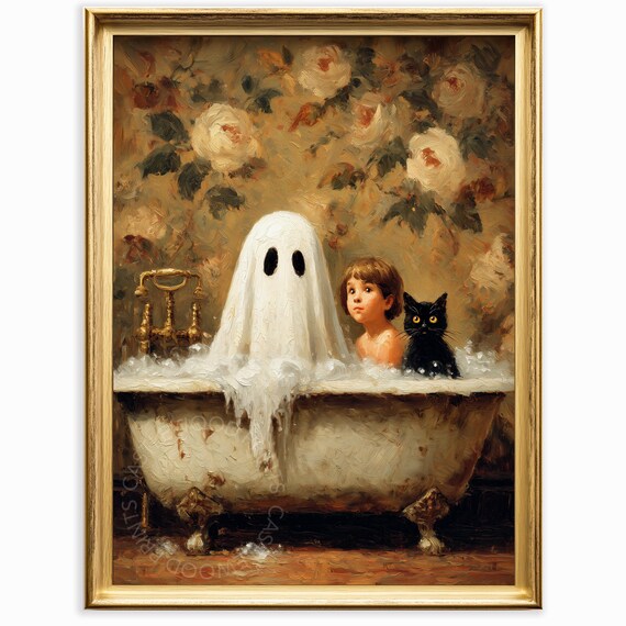 Vintage Bath Time With And Cat Cute Whimsical Scene Oil Painting Art Halloween Decor Dripping White Sheet 849