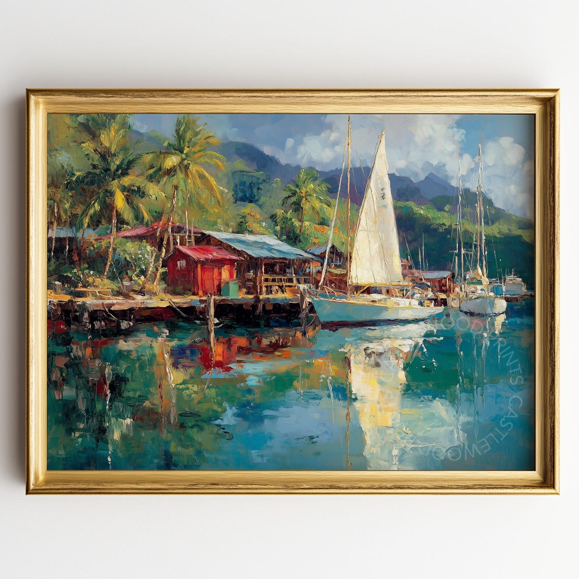 Tropical Marina With Beach Huts Sailboats And Palm Trees Poster