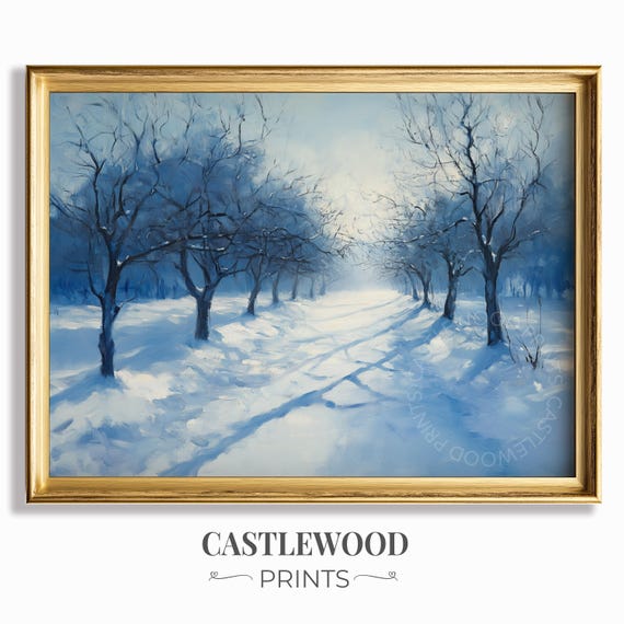 Frostcovered Orchard Landscape Winter Scene Rustic Skeleton Trees Vintage Snowy Wall Art Oil Painting Decor 671