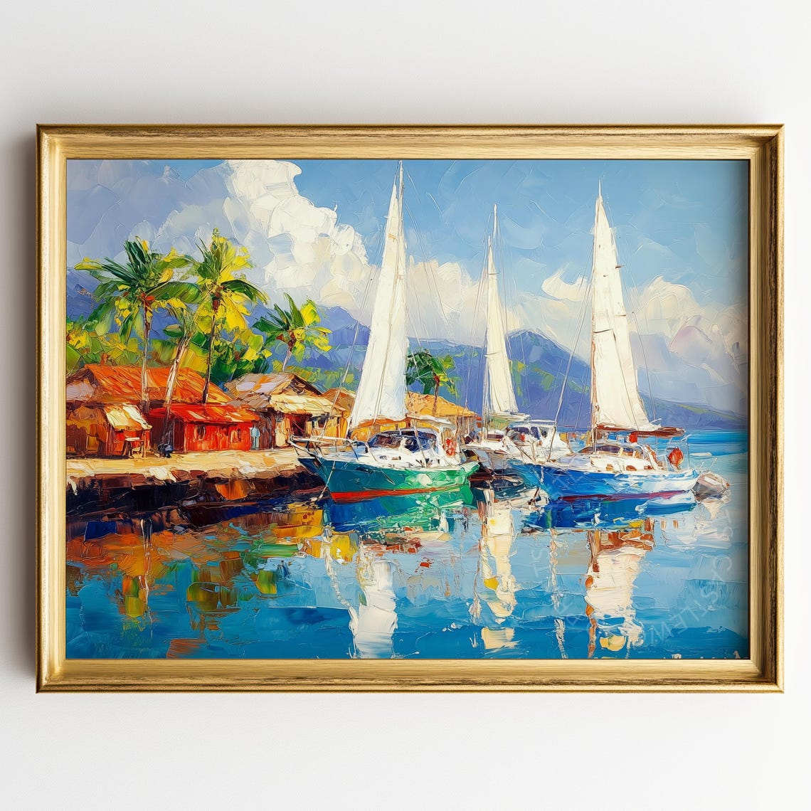 White Sailboats At Tropical Dock With Red Huts And Mountains Poster