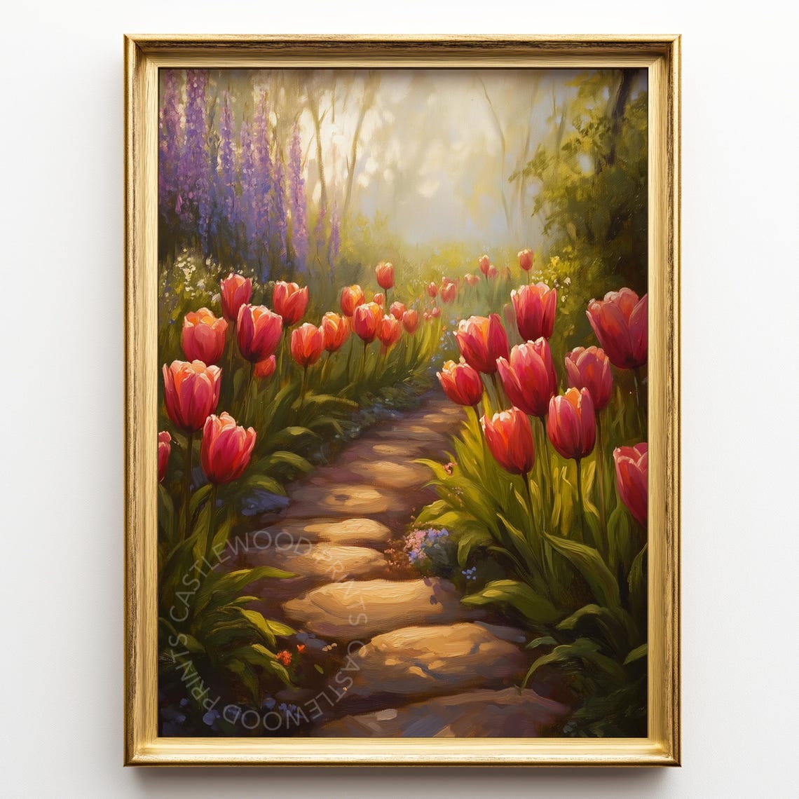Cottage Garden Path with Red Tulips Spring Oil Painting Poster