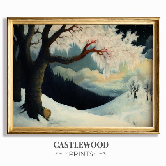 Winter Tree In Frosty Landscape Snowy Scene Rustic Decor Icicles And Blossoms Moody Wall Art Print 658