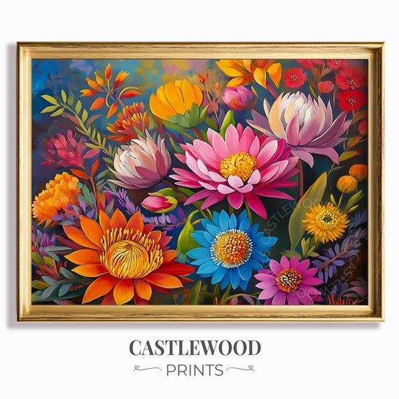 Vibrant Floral Garden Gouache Painting Lush Colorful Blooms Rustic Wall Art Spring Botanical Decor Nature Print 596