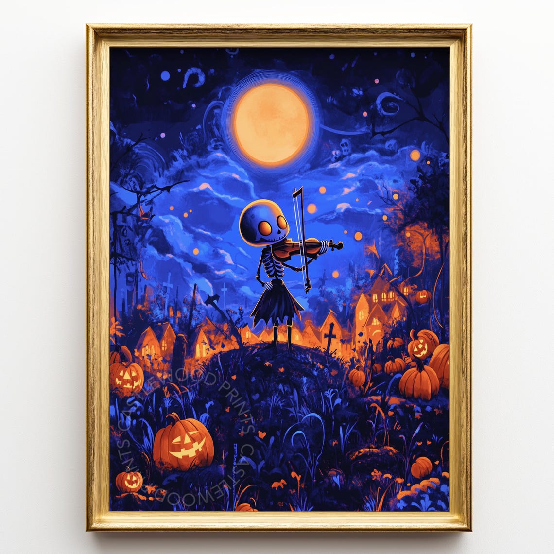 Cute Skeleton Violinist Playing Under Orange Moon Halloween Poster