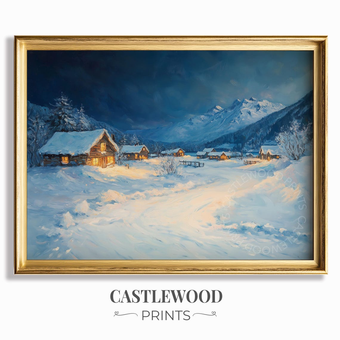 Moonlit Snowy Village Cabins With Glowing Lights Night Painting Poster