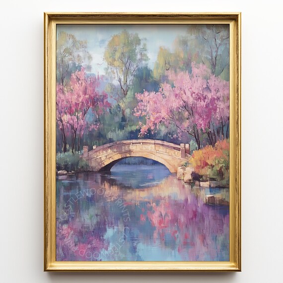 Stone Bridge Blossom Trees Spring Pond Reflection Landscape Poster