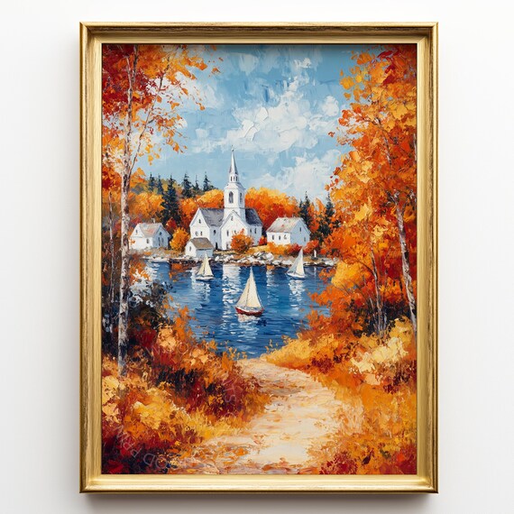 New England Harbor Village Autumn Sailboats Fall Foliage Poster