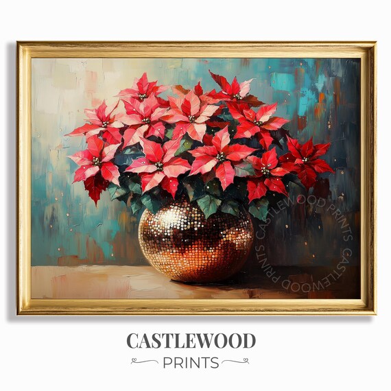 Red Poinsettia Blooms In Sequined Gold Vase Holiday Floral Poster