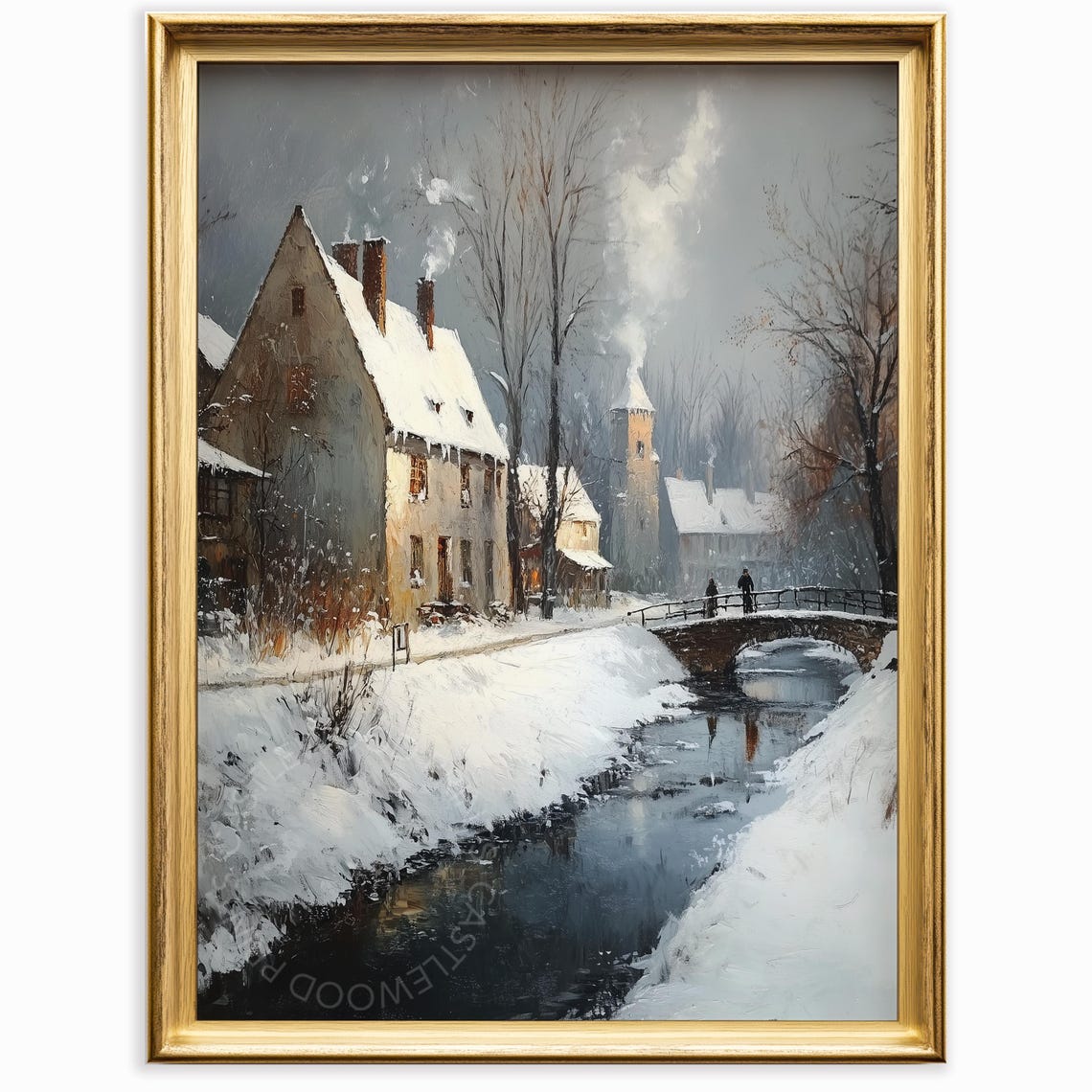 Charming Winter Village River Bridge Cozy Snowfall Painting Wall Art