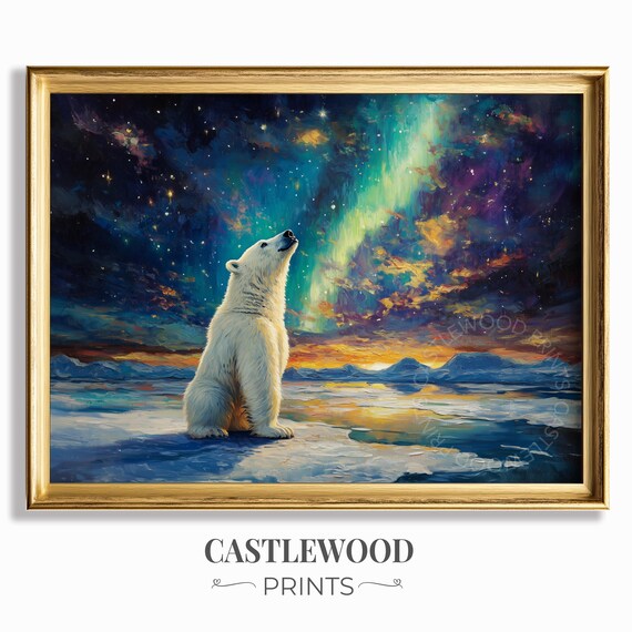 Polar Bear Print Under Northern Lights Winter Wall Art Aurora Borealis Dcor Arctic Wildlife Painting 74