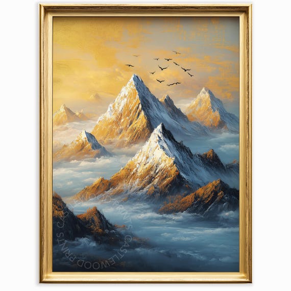 Golden Mountain Peaks At Dawn Majestic Landscape Wall Art Winter Scenery Rustic Nature Decor Sunlit View 945