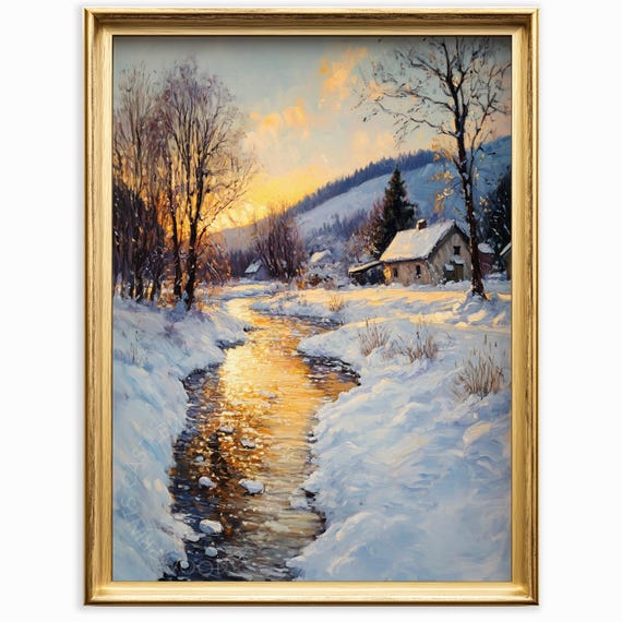 Winter River At Sunset Snowy Landscape Rustic Cottage Art Peaceful Scene Wall Decor Country Charm 1026