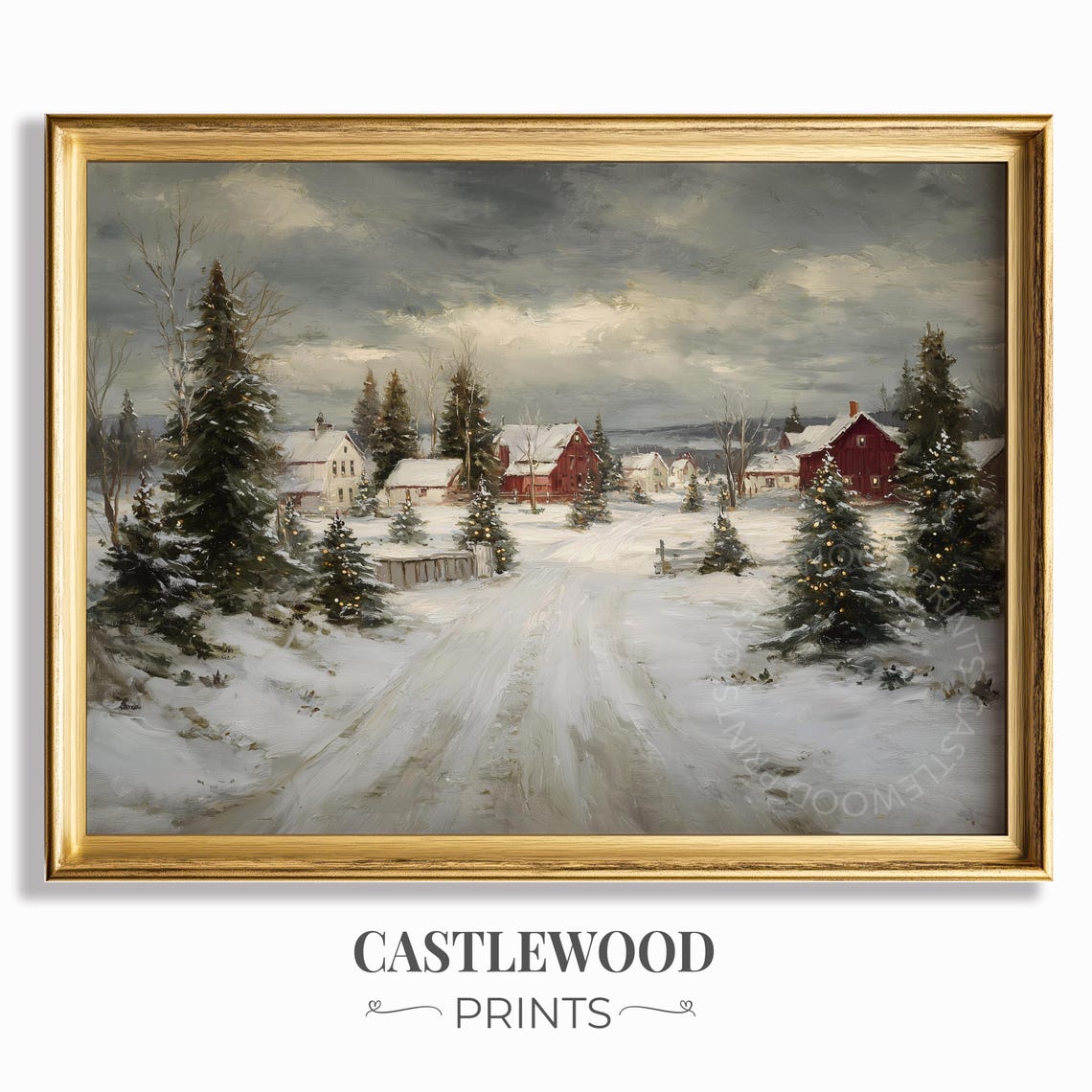 Snowy Village With Red Barns Rustic Winter Landscape Art Poster